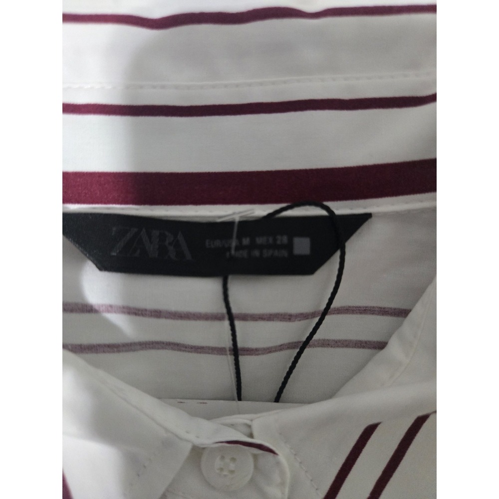Zara Striped Button Down Relaxed Fit 100% Cotton Burgundy White Size M NWOT - Picture 5 of 9